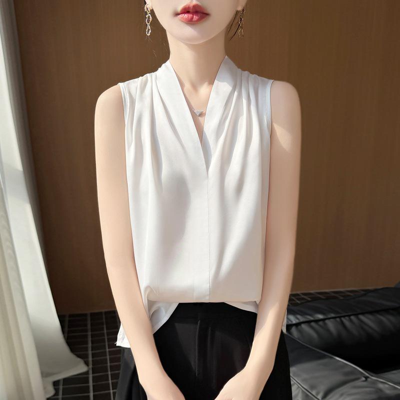 2026 Spring/Summer Silk Satin V-neck Sleeveless Solid Color Tank Top