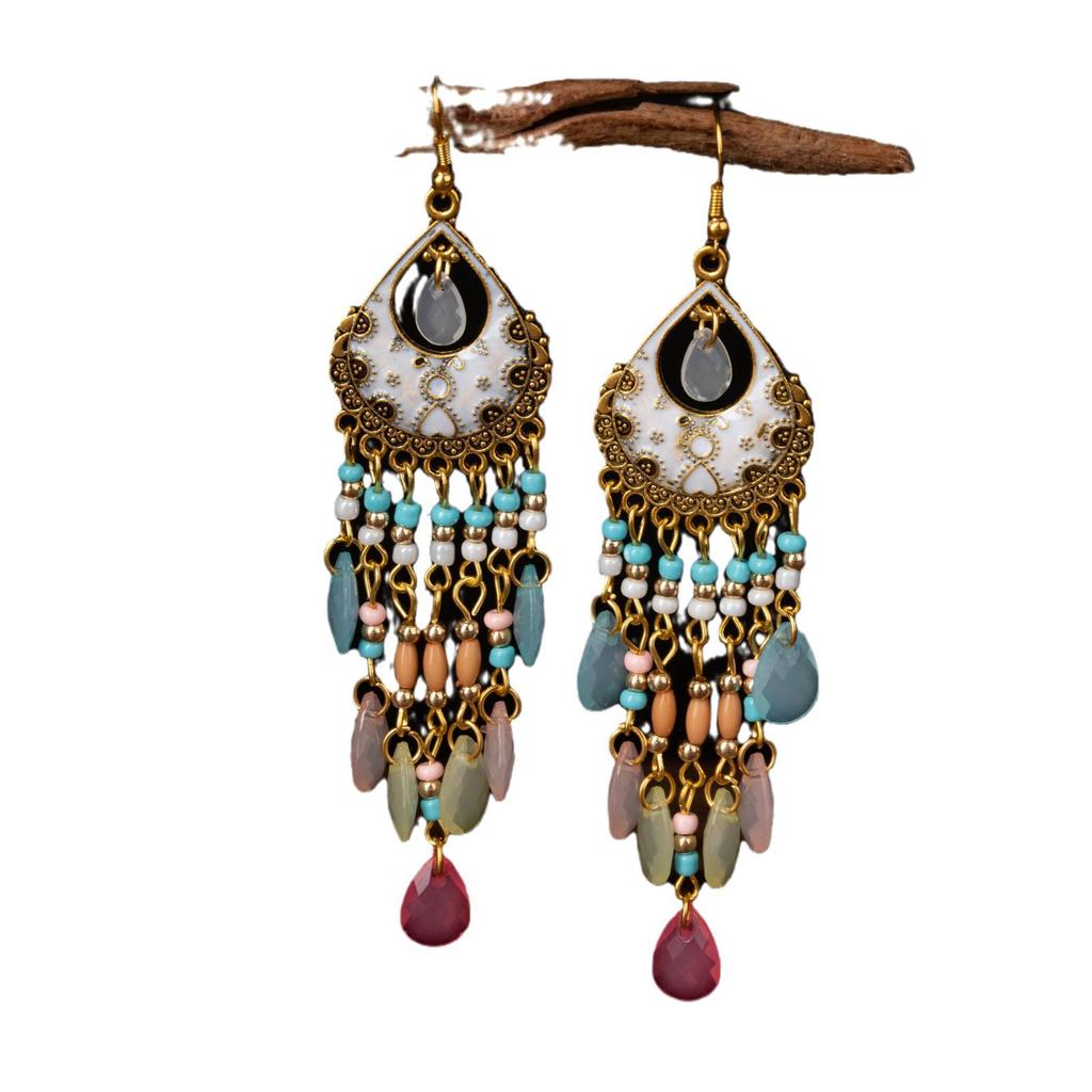 Bohemian Crystal Tassel Earrings - Vintage Ethnic Style Long Dangle for Women