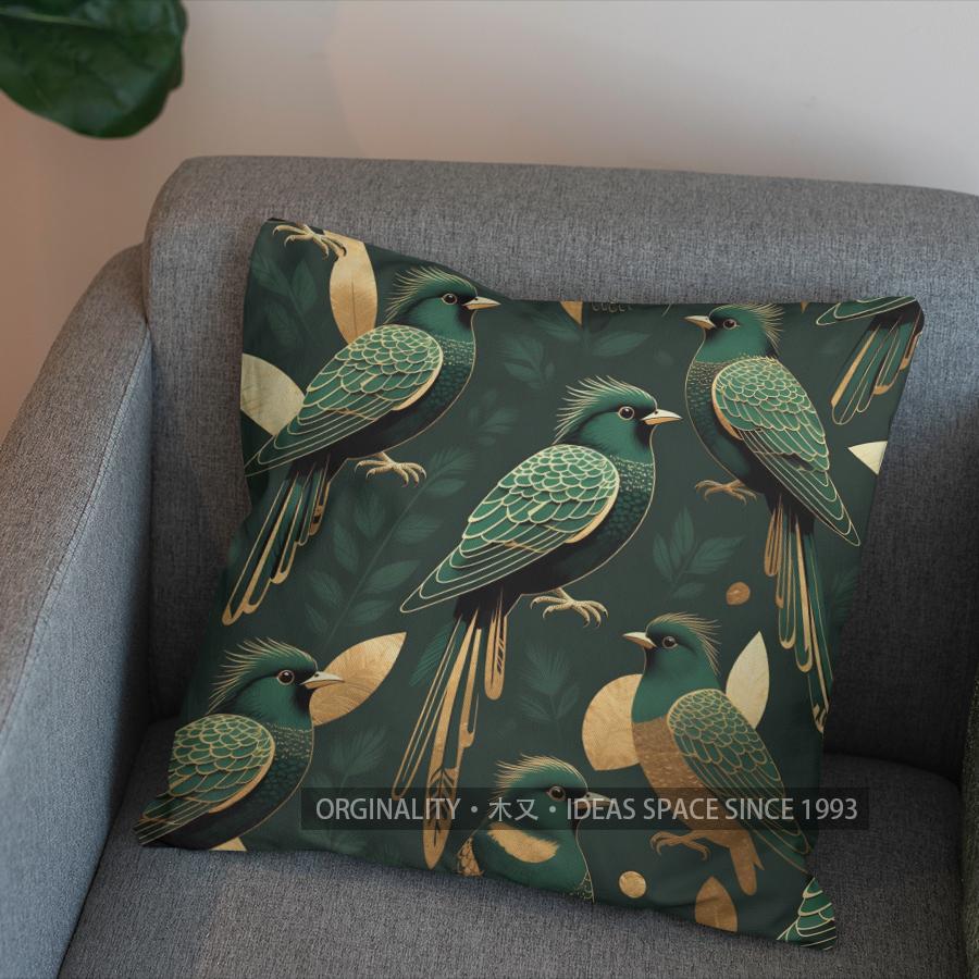 2D Enchanted Green Birds And Leaves Cushion Cover Pattern Cushion Cover Suitable For Sofa Bedroom Car Pillow Cover