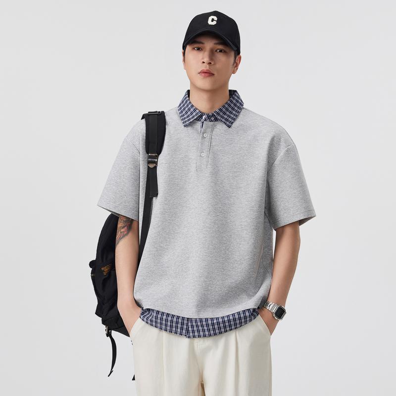 Fake Two-piece Polo Collar Short-sleeved T-shirt Men's Loose Versatile Plaid Shirt Collar T-shirt