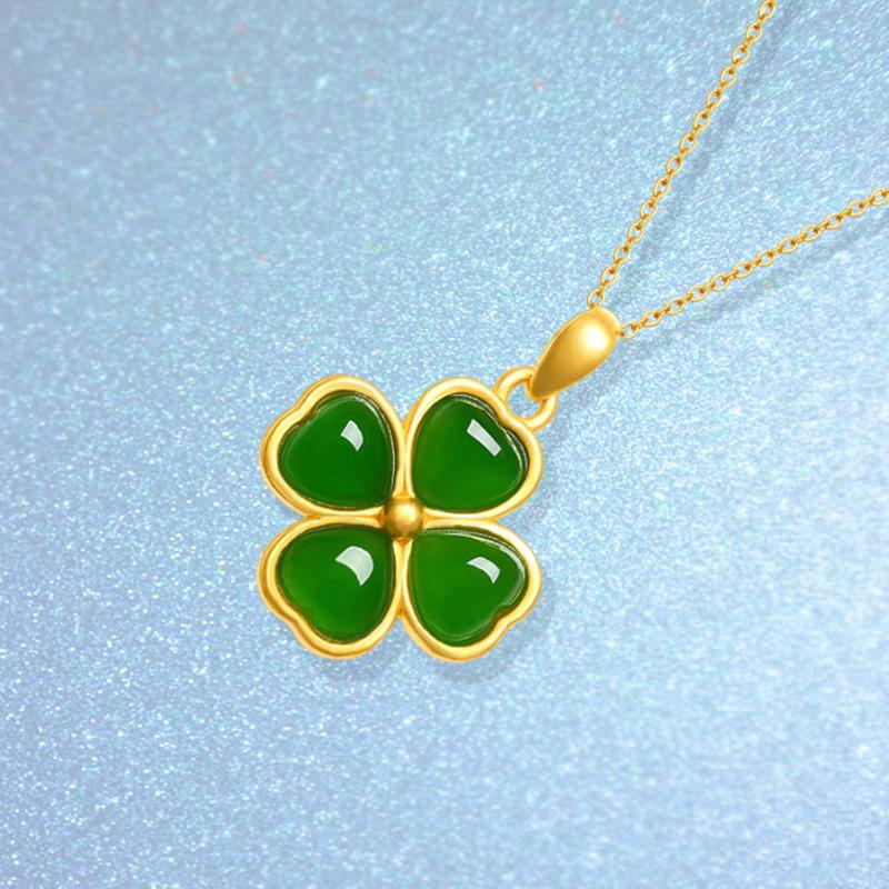 BELLA BOX Nou Trifoi cu patru foi Placat cu nisip Aur Galben 24K Incrustat Inimă Simulație Jasp Hetian Calcedonie Albă Pandantiv Femeie