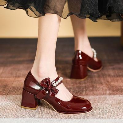 Talons hauts polyvalents Mary Jane chaussures pour femmes nouvelles avec jupe chaussures en cuir doux bordeaux printemps et automne chaussures simples