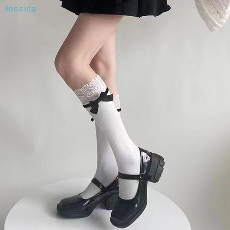 Japanese Style Lolita White/Black Mid-Tube Socks With Bow And Lace