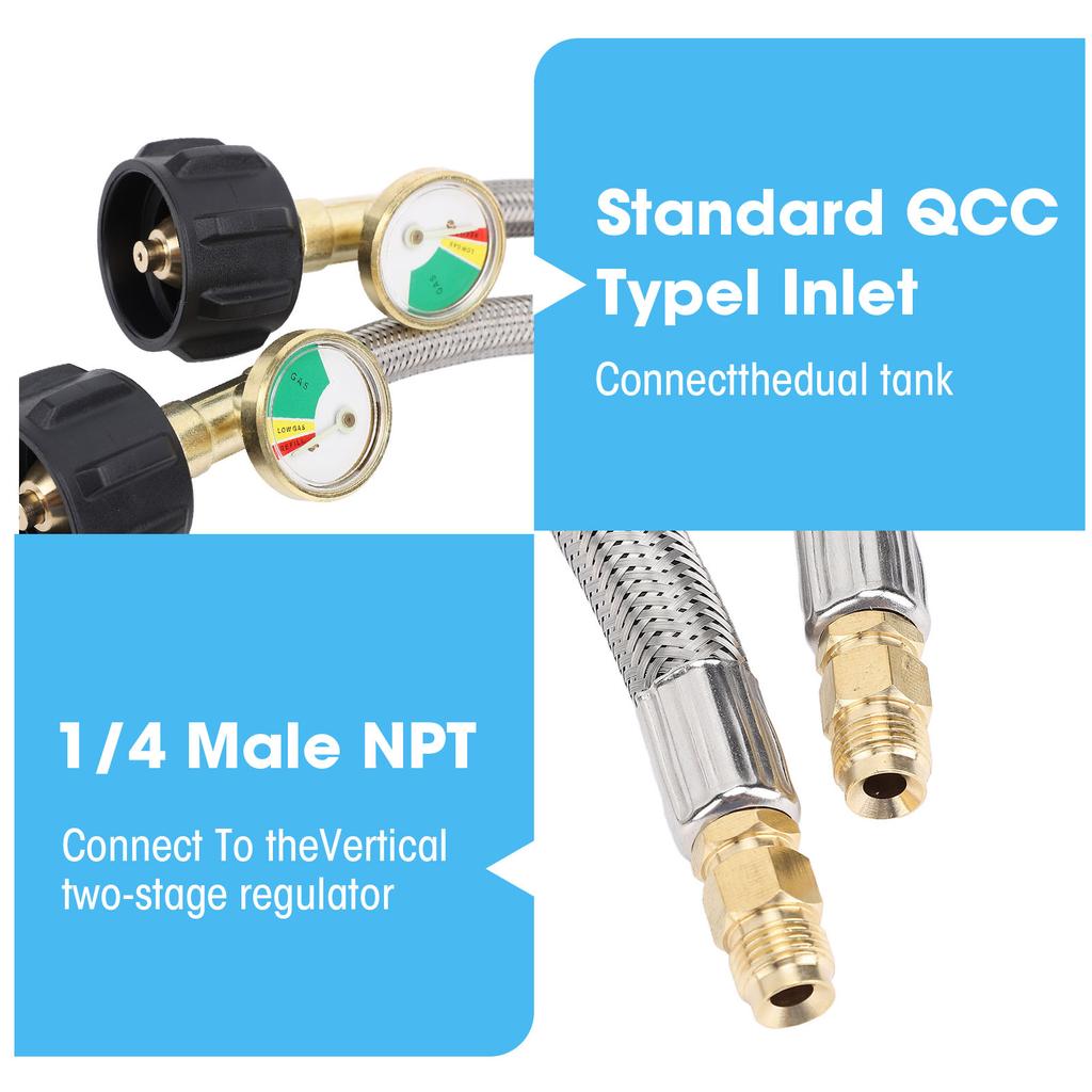 2Pcs RV Hose with Gauge 1/4in Male NPT QCC Type1 Inlet 350 PSIG 15 Inch Stainless Steel Hose for Camping Picnic Outdoor