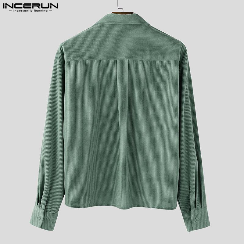 INCERUN Oversized Men Turn Down Collar Long Sleeve Texture Loose Casual Shirts Tops