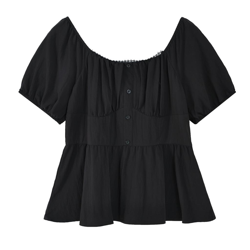 Large Size Age-reducing Sweet Square Neck Short-sleeved Shirt for Women's 2026 Summer New Waist-closed and Thin Top 234857