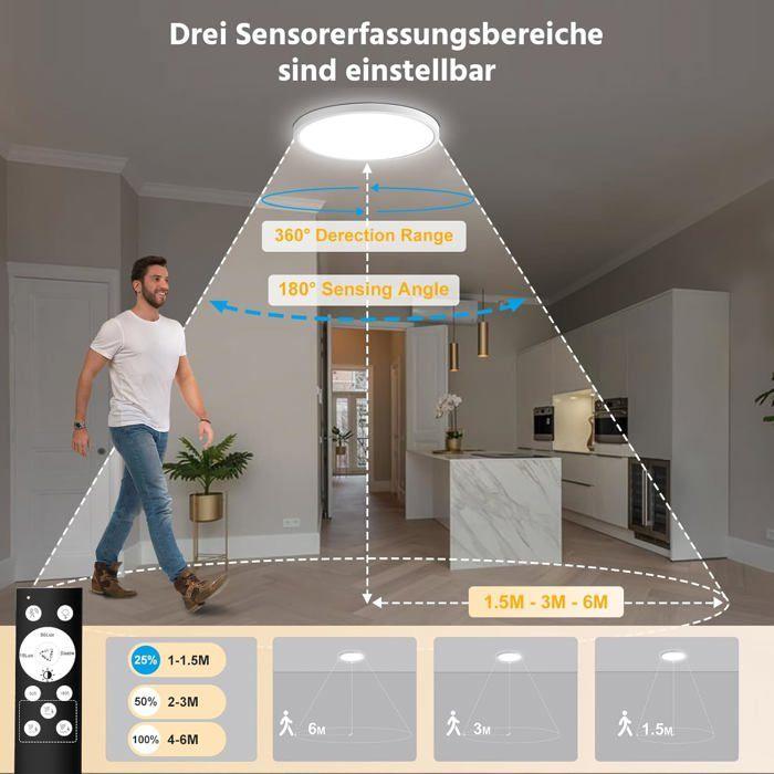 VivaLet Plafonnier LED 28W 2800LM, Détecteur de Mouvement, Intensité Variable, Télécommande, IP54, 3000K-6000K, 30cm, Intérieur