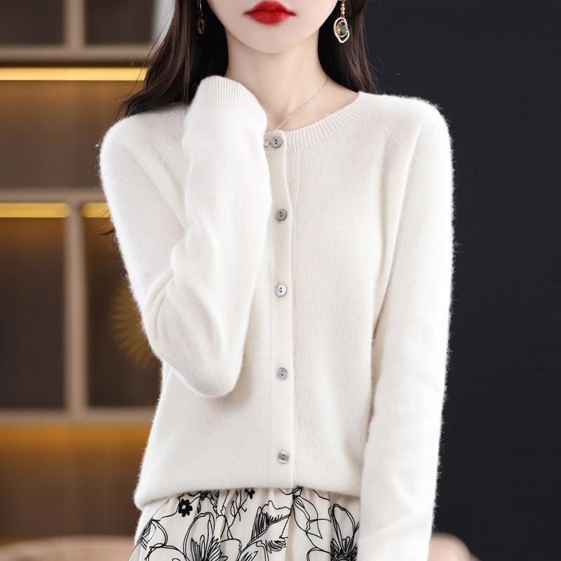 Cardigan Women Round Neck Spring and Autumn Long-sleeved Tunic Tops Pure Wool Knitted Jacket Plus Size