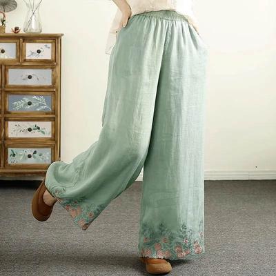 Pants Women Hemp Embroidery Casual Solid Color Loose Big Size Wide Leg Pants
