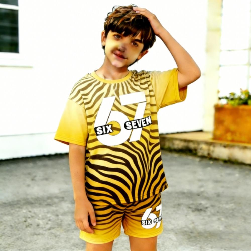 Gradient Zebra Color 67 Printed Kids T-shirt and Shorts 2 Piece Set Summer Casual Outfit for Boy's and Girl's Kids Clothing Top