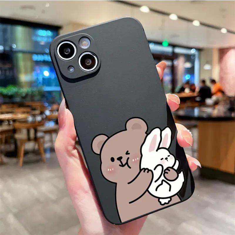 Cartoon Cute Bunny Bear Paired Couple Phone Case For IPhone 13 11 12 15 16 Pro Max Mini X XS XR 14 Plus Lovers Cover Funda Shell