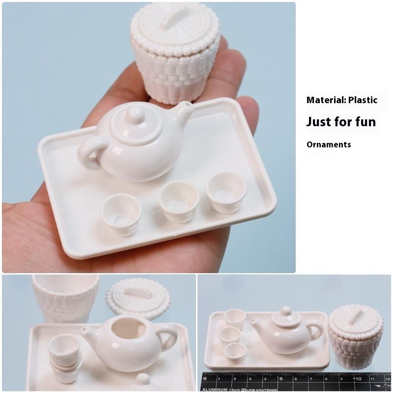 1 Set Dollhouse Scene Accessories Simulation Tea Kit Model Tea Pot Cup Tea Table Decoration Collectible Room Ornament