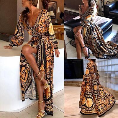 Damen Sommer Langarm V-Ausschnitt Open Fork Retro Print Maxi Party Abendkleid