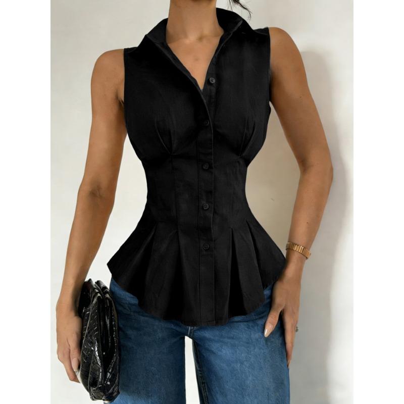 

Womens Sleeveless Peplum Shirt With Collar And Button Down Detail Fitted Waist Casual Office Blouse L