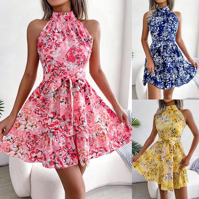 O Neck Pleated Printed Dress Flounce Knee Length Dress Sleeveless  Loose Dresses Women Causal Dress