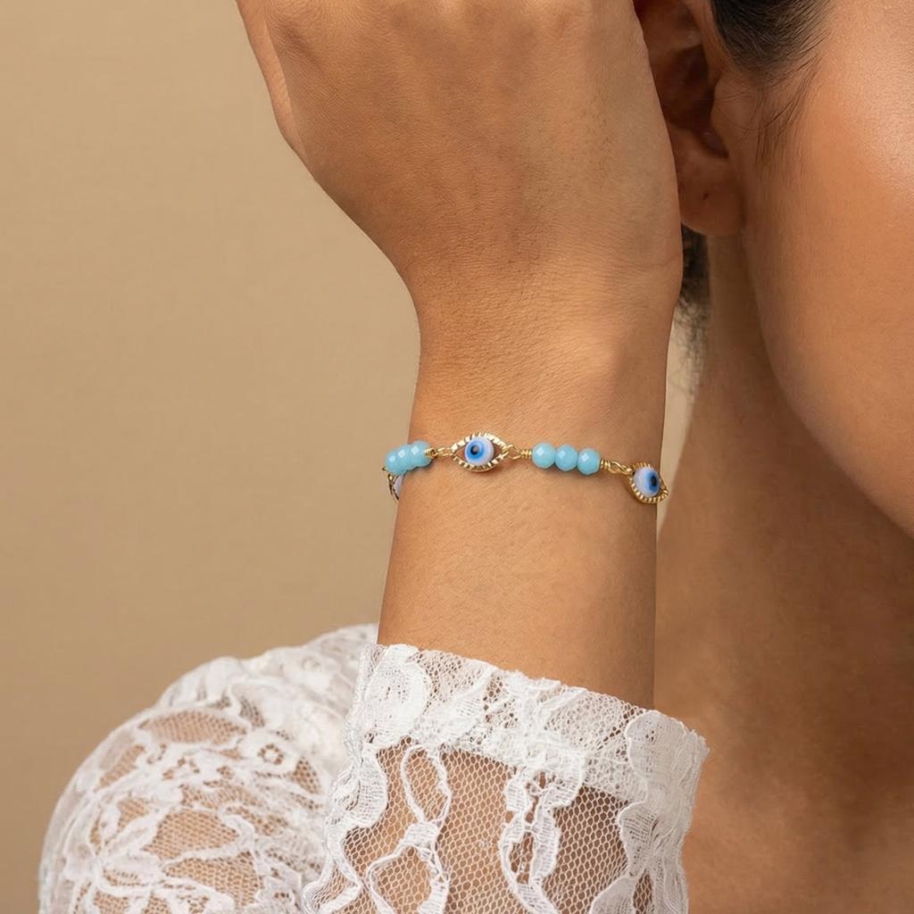 Turkish Eye Bracelet for Women Stainless Steel Turquoise Beads Chain Pearl Lucky Charm Protection Amulet Summer Gift