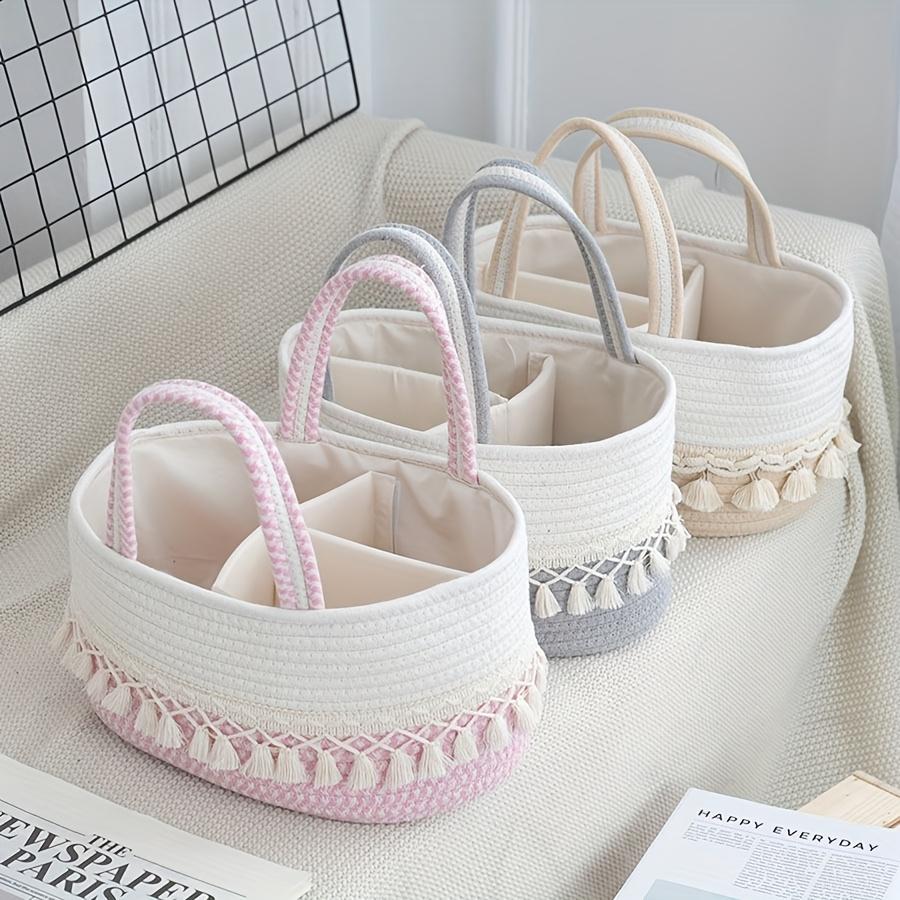 A Multifunctional Storage Basket with Dividers, Portable for Organizing Bottles And Diapers, Handcrafted with Rope, Shelf Basket
