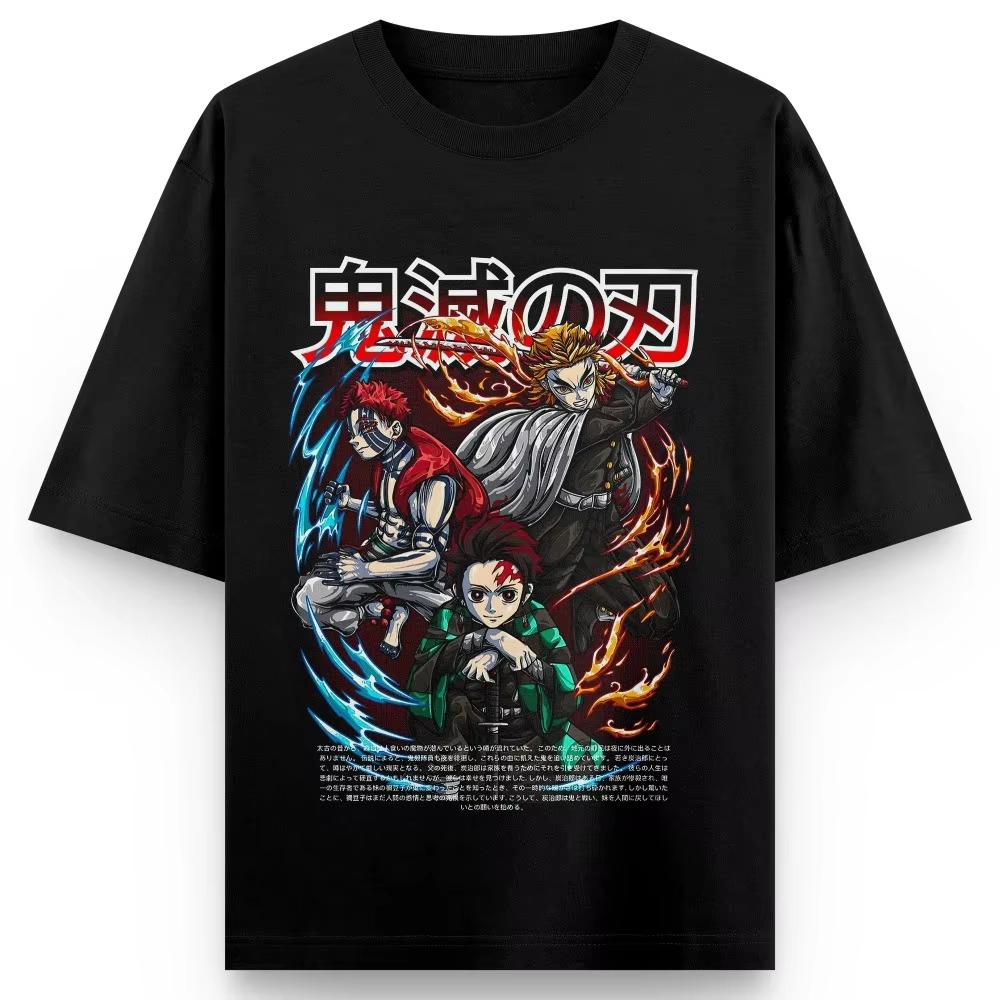 Unisex Pure Cotton Tshirt Demon Slayer Kamado Tanjiro Harajuku Anime Print 2026 Summer New Plus Loose Family Short Sleeved Top