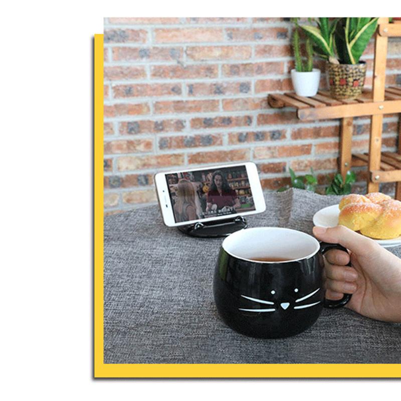 420ml Cut Cat Shaped Mug with Lid Large Capacity 14oz Ceramic Milk Coffee Cup with Mobile Phone Holder Kawaii Black White