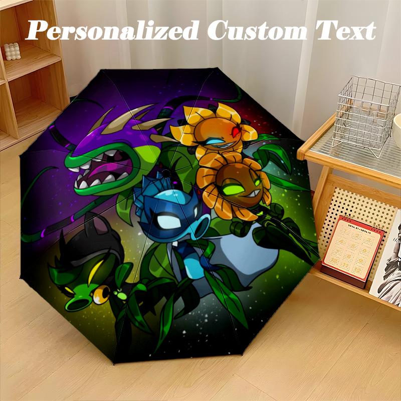 Windproof Folding Umbrella, 8‑Rib Auto Open Close Plants vs. Zombies Umbrella for Rain Sun Protection