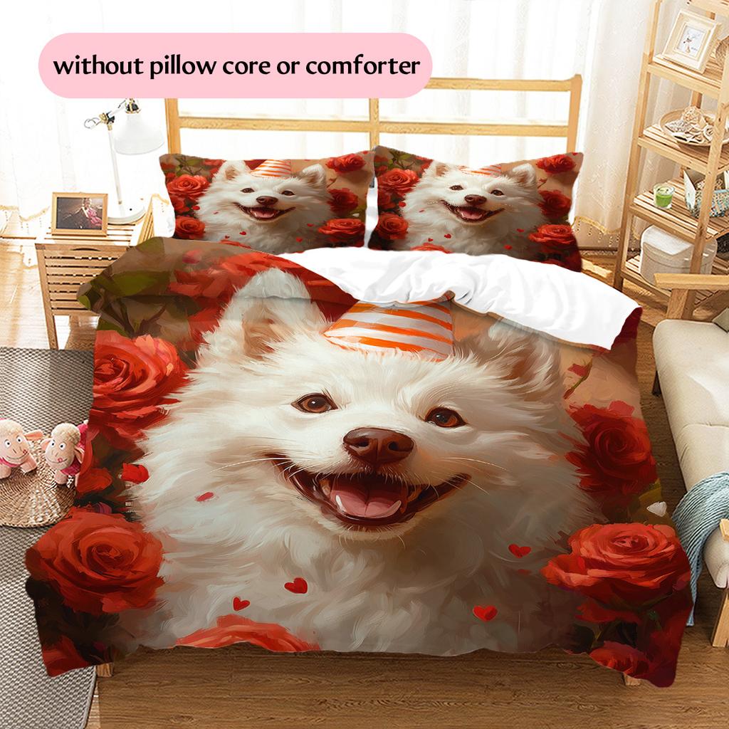 Rose Dog Pattern Bedding Quilt Set Home Decoration Gift (1 * duvet cover + 2 * pillowcase without core)