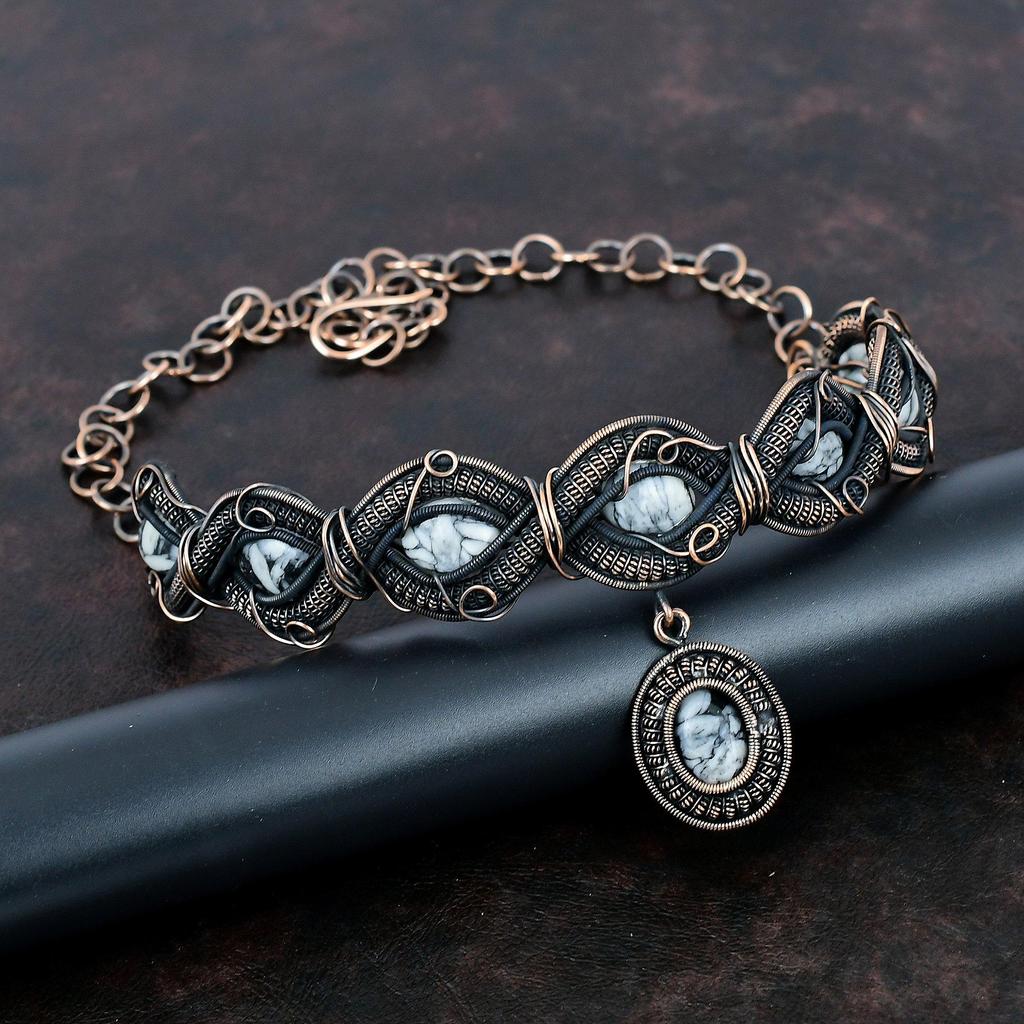 Pinolith Jasper Necklace Copper Wire Wrapped Necklace Handmade Jewelry Adjustable Chain Necklace Gemstone Necklace Copper Jewelry For Gift