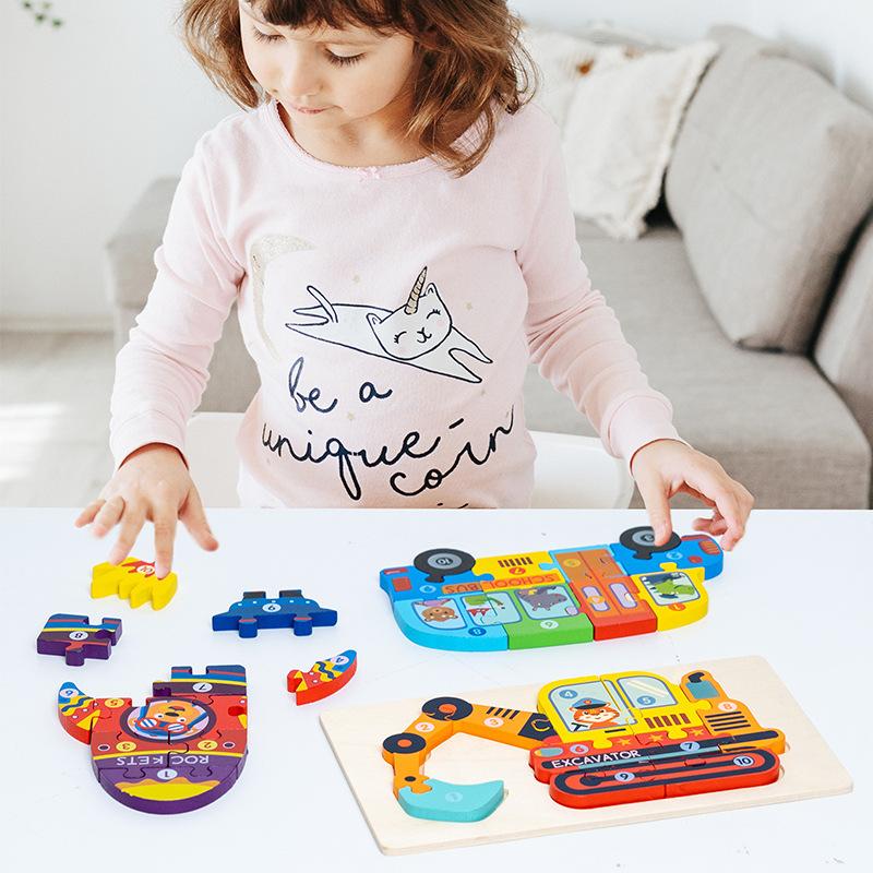Wooden Children'S Early Education Traffic Cognition Three-Dimensional Puzzle Toy 0-2-3 Year Old Baby Educational Puzzle Building Block Toy
