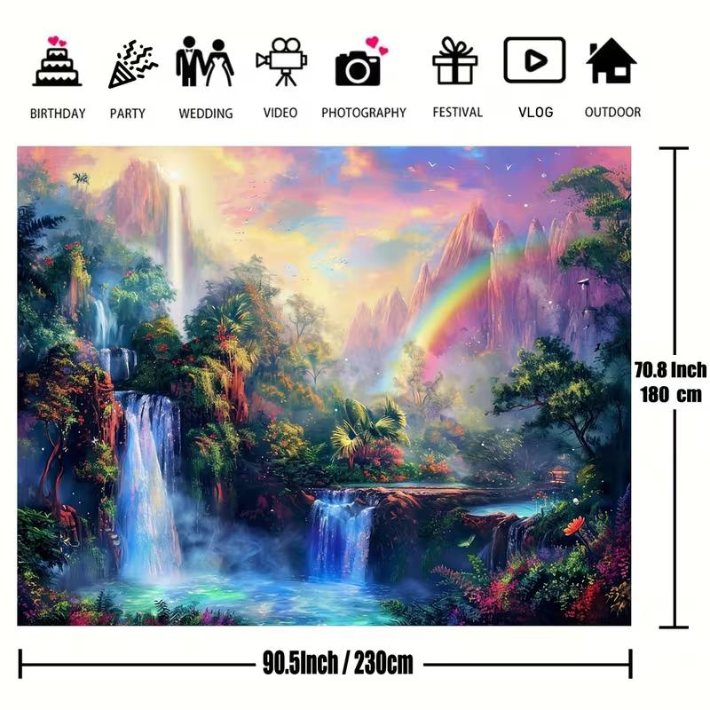 2D Dreamy Forest Waterfall Wall Tapestry Rainbow Sky Background Cloth for Home