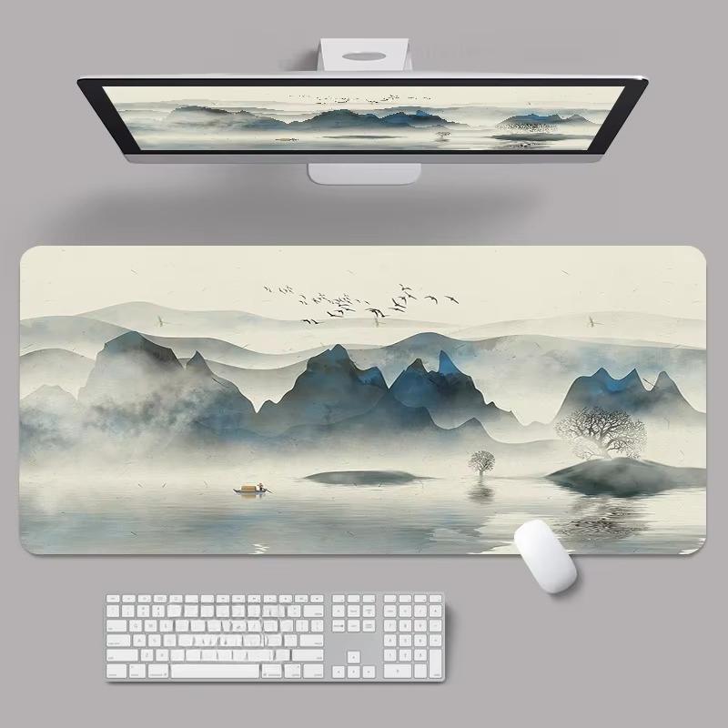 Chinese Ink Lotus Painting Desk Mat Waterproof Nonslip Office Mouse Pad