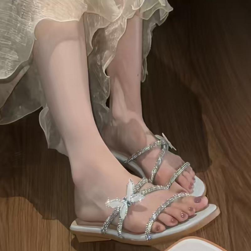 Fashion Flat Sandals Summer New Square Head Shallow Mouth Crystal Butterfly Knot Soft Sole Anti-slip Wear-resistant Slippers