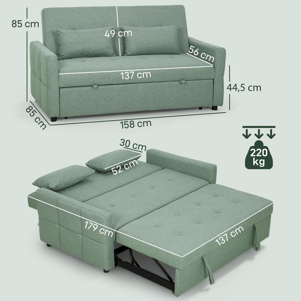 Convertible Sofa, 2-Seater, 3-in-1 Click-Clack Bed, 160 Cm, Adjustable Backrest, 2 Pillows, Green