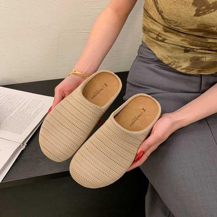 French Niche Hollow Breathable Bag Head Half Slippers Women's Summer New Wear Roman Style Thick-soled Muller Slippers