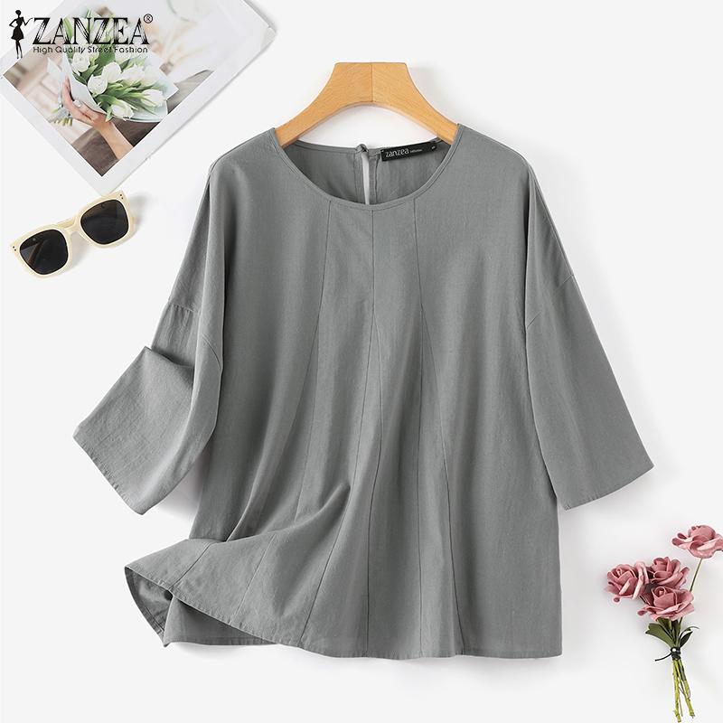 

ZANZEA Женская летняя однотонная хлопковая повседневная блузка с круглым вырезом и рукавами 3/4