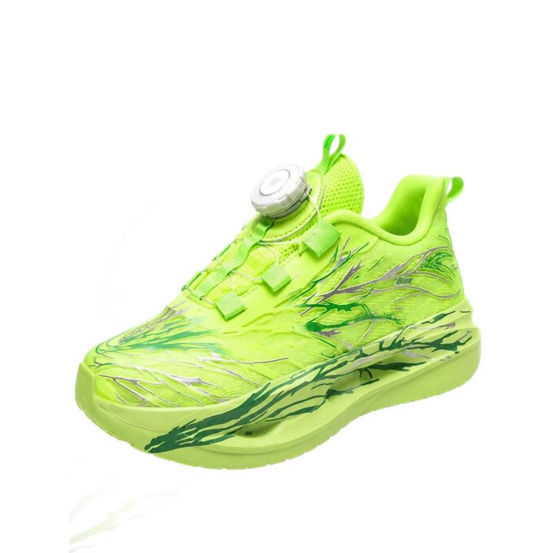 2026New children's rotating buckle sports shoes, boys' racing running shoes, fluorescent green mesh, breathable, for middle and large-sized children