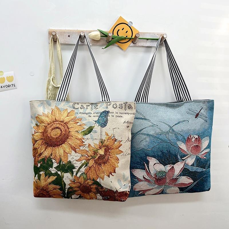 Large capacity tote bag gold silk embroidery canvas bag source creative pattern single-sided embroidery women's shoulder bag