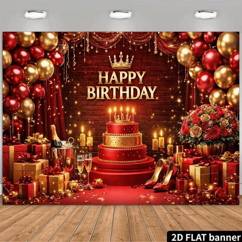 

2D Queen Themed Red Gold Birthday Backdrop Champagne & Roses Photography Background 47.2x31.5inch/120*80cm