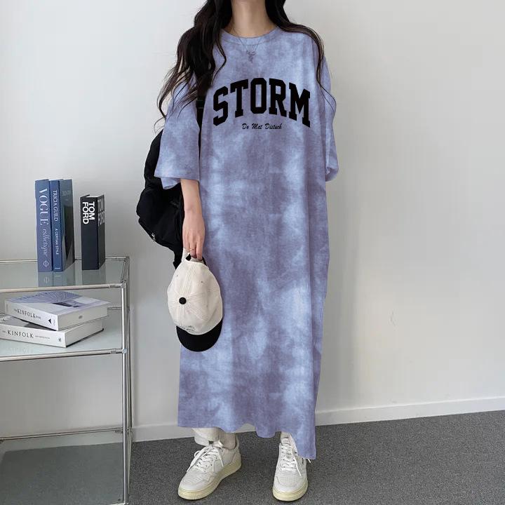 

Повседневное платье миди большого размера с принтом тай-дай - в японском корейском стиле, летнее модное платье-футболка с короткими рукавами для женщин Large королевский синий