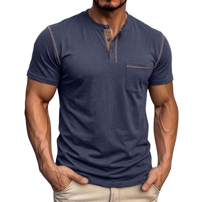 Herren Kontrastnähte Henley-Kragen Kurzarm T-Shirt Mit Brusttasche
