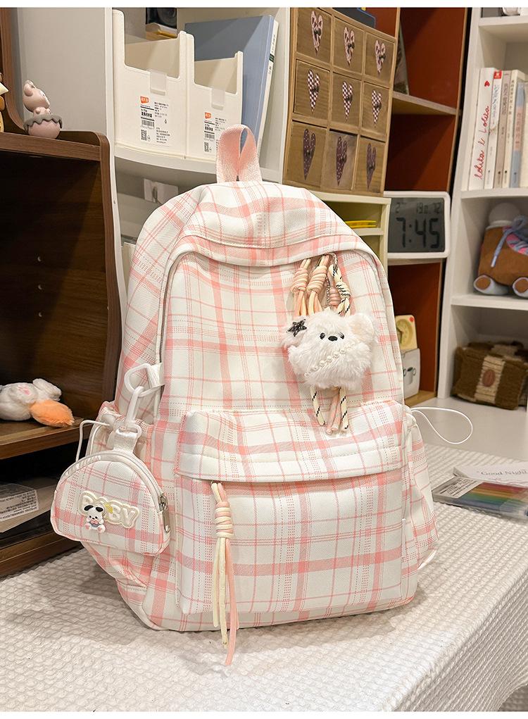 Schoolbag Soft Mist Milk Blues Healing Textured Plaid Middle School Backpack Women's Milk Huhu Sweet Soft Sister Travel Small Backpack