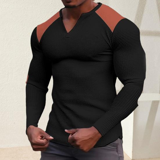 

Мужская приталенная футболка с v-образным вырезом и длинными рукавами, лоскутная цветная вафельная текстура, спортивные топы, повседневные дышащие топы