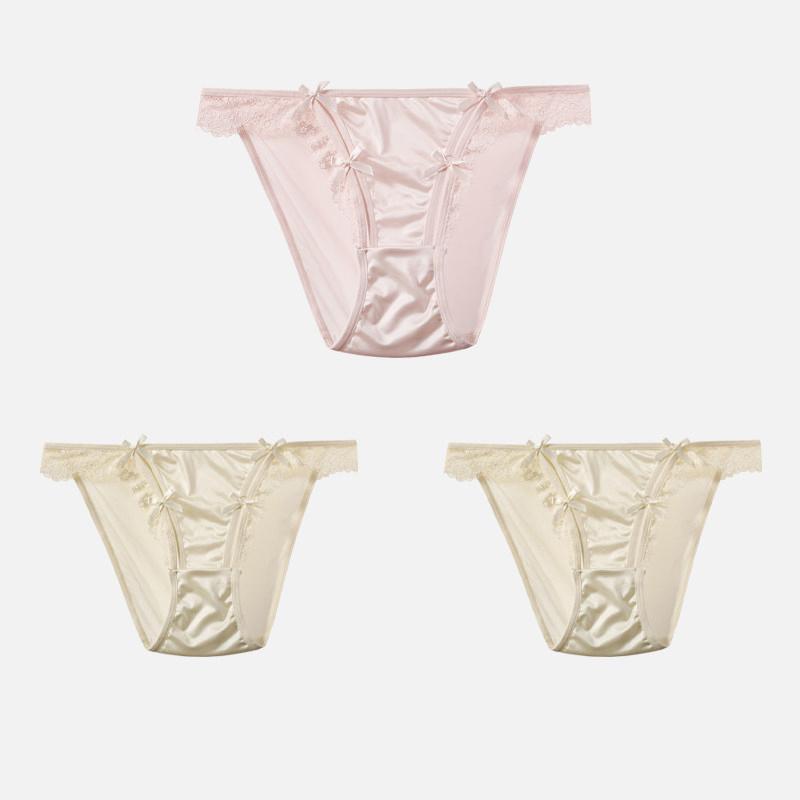 CINOON 3Pcs/Lot Women's Satin Sexy Briefs Lace‑Trim Mesh Spliced Panties Bow‑decor Solid‑Color Hollow‑out Bikini Briefs
