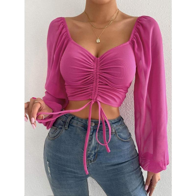 Spring Women's Blouse Low-cut Sexy V-neck Splicing Chiffon Drawstring Lantern Sleeve Slim Tops
