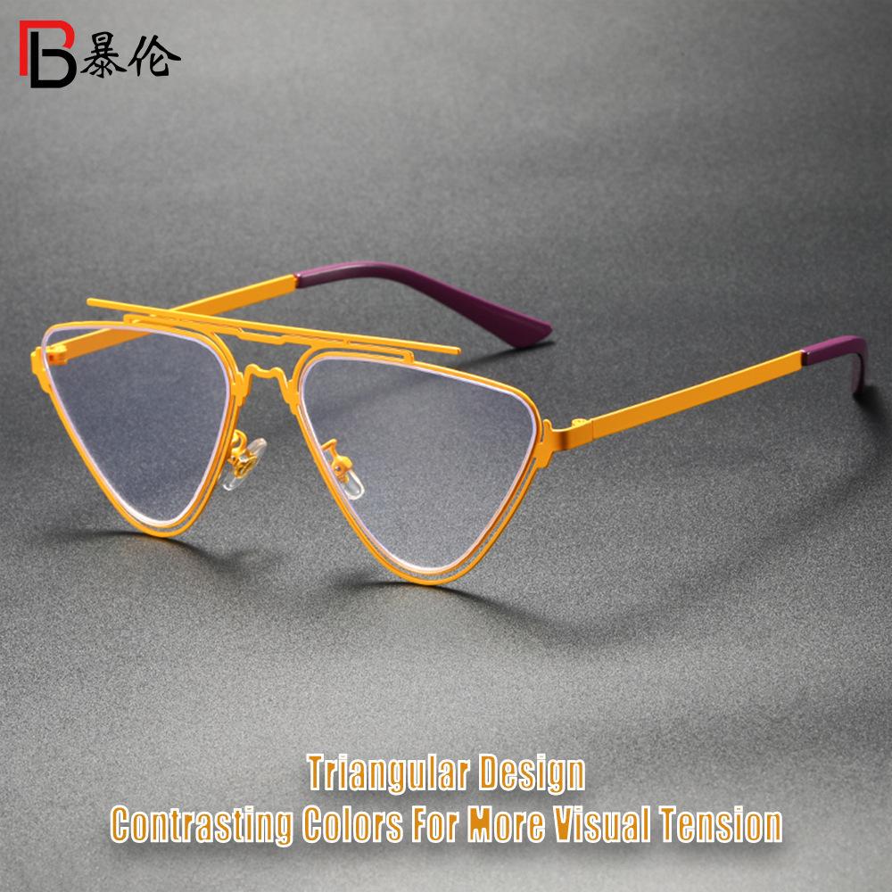 Fashion personalized double beam heterosexual flat glasses, trendy avant-garde hollow triangular frame anti-blue flat glasses