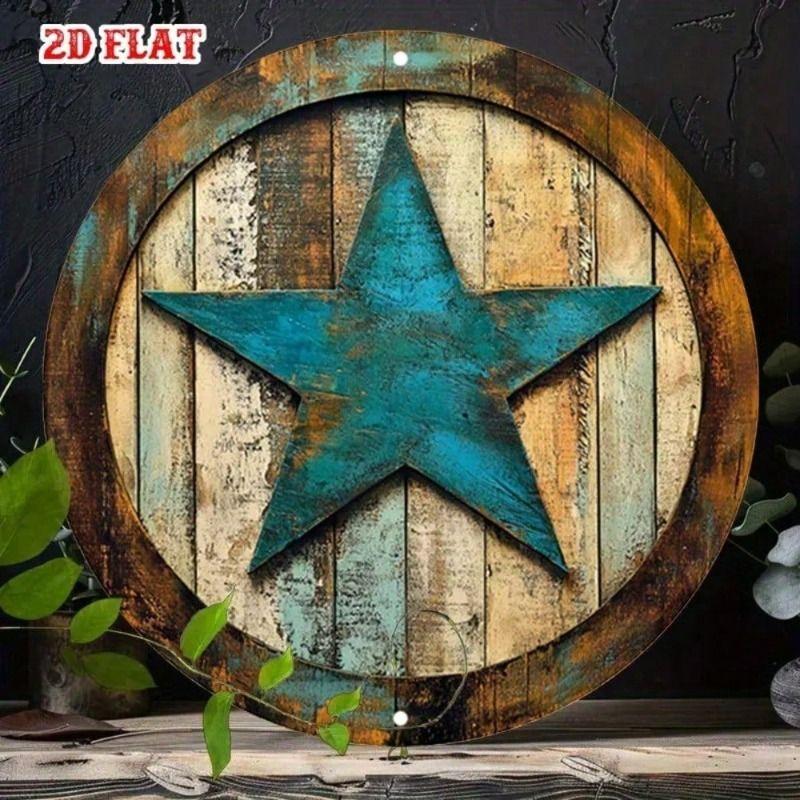 

Metal Wall Art Blue Star Rustic Round Decor for Living Room