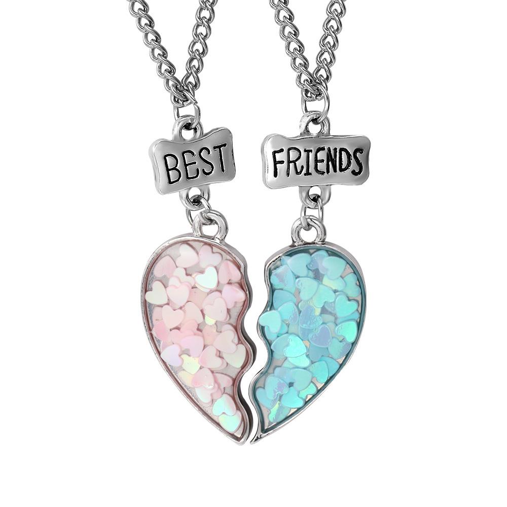 

2 Pcs Best Friends Charm Necklace Set Blue And Pink Half Heart Matching Pendant Choker For Girls Friendship Memorial BFF Gift