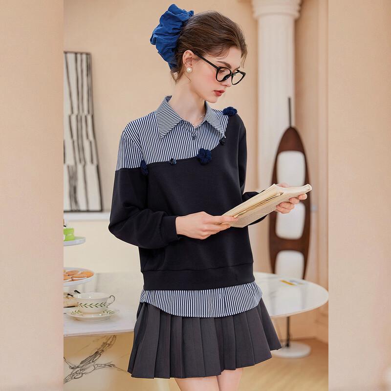 Women's Faux Two-Piece Lapel Spliced Stripe Sweatshirt