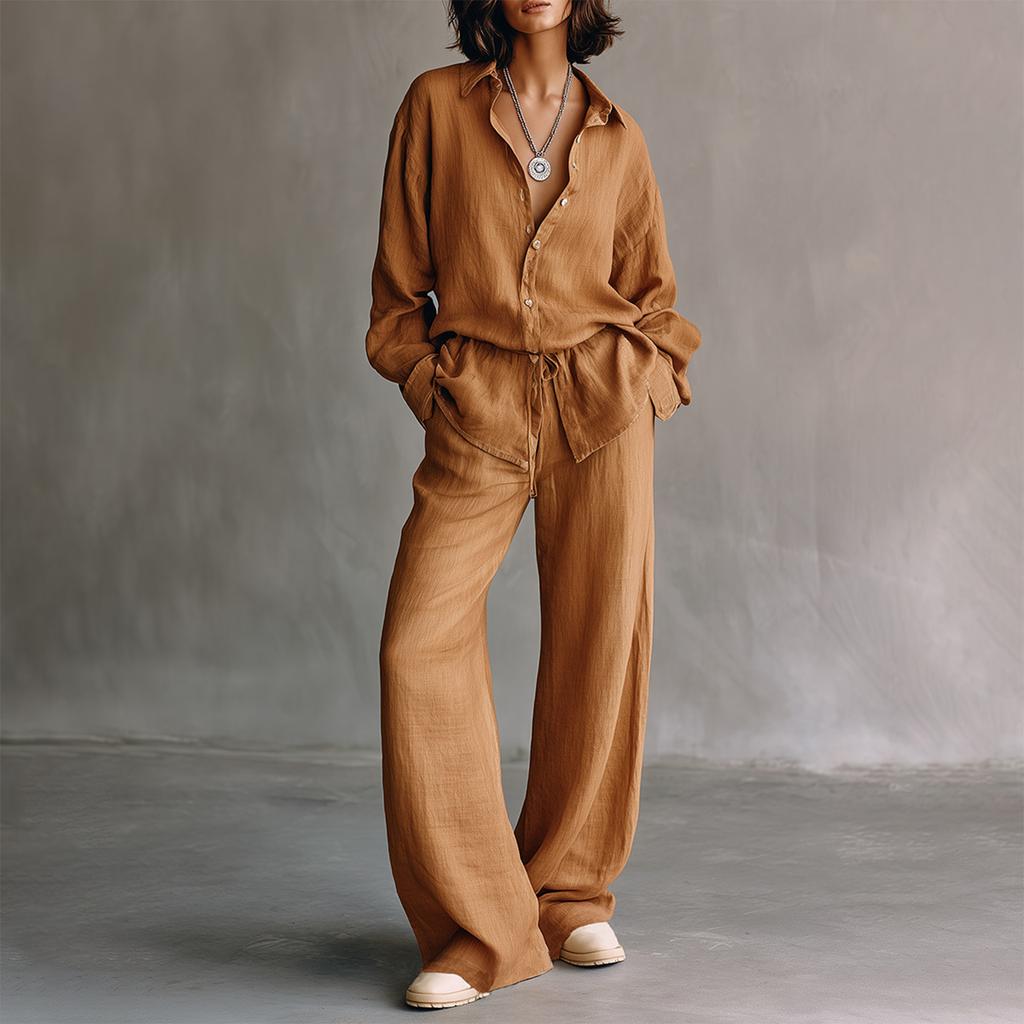 Ensemble deux pièces d'été coloré pour femme avec chemisier à col à revers à manches longues et pantalon large