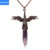 Natural crystal stone faceted hexagonal column retro winged pendant necklace European and American accessories