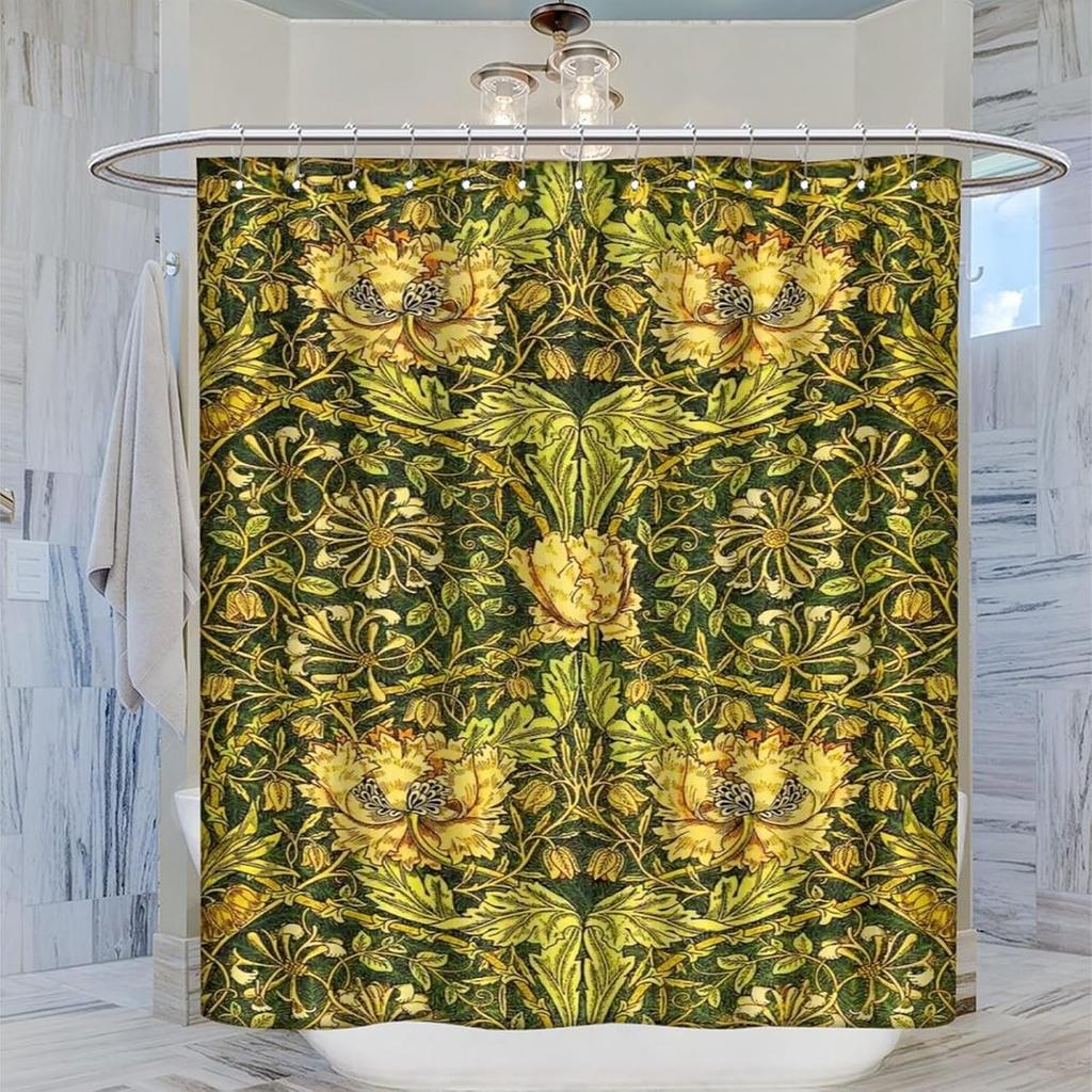 Waterproof Botanical Shower Curtain Green Yellow Floral Print Tropical Luxury Jungle Bathroom Curtain Home Decor Idea