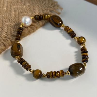 Natural Tiger'S Eye Stone Freshwater Real Pearl Bracelet Retro Niche High-End Sense Medieval Ethnic Style Bracelet Bracelet Jewelry